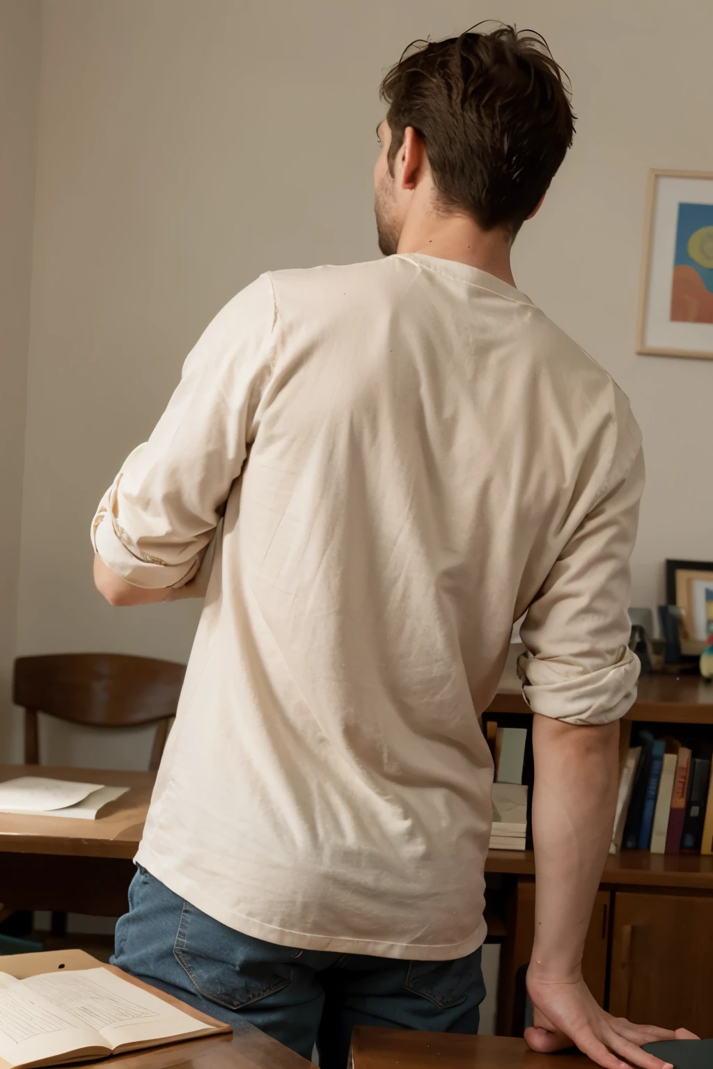 Draw a picture of a man from behind writing in a book