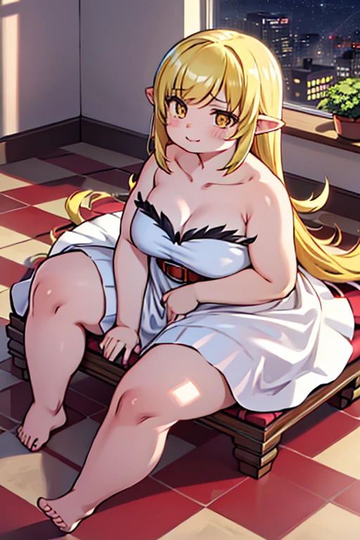 4k, high quality, obese shinobuYoung, masterpiece, Best quality, absurdity, obese 1girl, big cheeks, Blonde hair, Yellow golden eyes, One, sort, night, big breasts, Desktop, obese , round table, sitting, Spread her legs, looking, bare shoulders, white short dress, sliding belt, clavicle, (view from above:1.1), (inexpressive:1.1), slim, browse, (Checkered floor:1.5), (knee up:1.3)