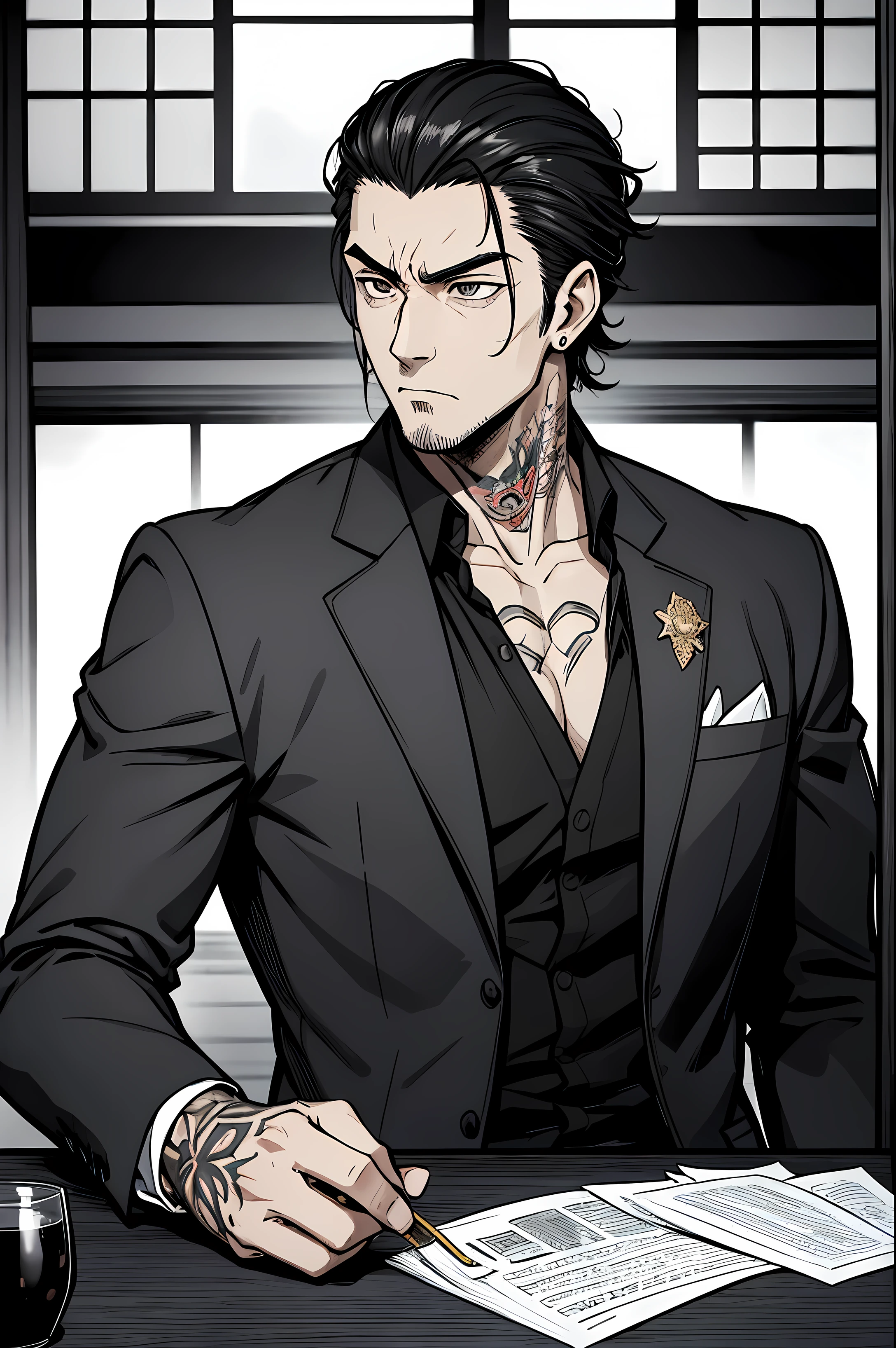 tired man, yakuza head, sitting at a massive wooden table in his luxurious office. His face expresses fatigue and stress after a long day of work., deep wrinkles on the forehead make his look more stern and serious. Dark hair with hints of gray, casually combed back, emphasizing his authoritative face. He is dressed in a traditional black suit, which is distinguished by its sophistication and high cost. Gold earring and tattoos, partially visible on exposed skin, indicate his status as head of the yakuza. An empty bottle of whiskey and a full ashtray on the table indicate that, that yakuza head was relaxing recently, but now his attention is completely focused on the next step in his cruel world. The gaze of the head of the Yakuza strives somewhere into the distance, like he&#39;s looking into the future, full of dangers and trials, waiting for him and his criminal empire.
