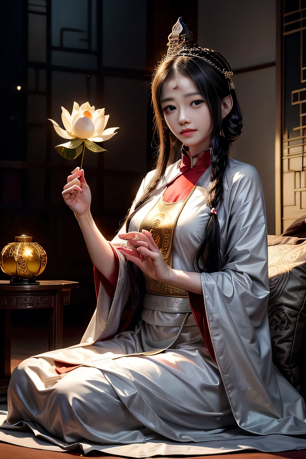 (Chinese hermit), (((Buddhism))), put on_Useful Stories), (((Kannon Bodhisattva))), She is sitting on a lotus, (Three hands to the left,Three hands on the right, Each hand holds a different altar object., Symmetrical),(Delicate and beautiful face), (white silk cloak)Sitting on a lotus flower, Front view,A light smile, neoclassicism, op art, Chiaroscuro, Cinema Lighting, Divine Light, Ray Tracing, Character Sheet, Projected Inset, First Person View, Hyper HD, Master Parts, Accurate, Rough skin, Super detailed, Advanced Details, high quality, Awards, 最high quality, High resolution, 8k
