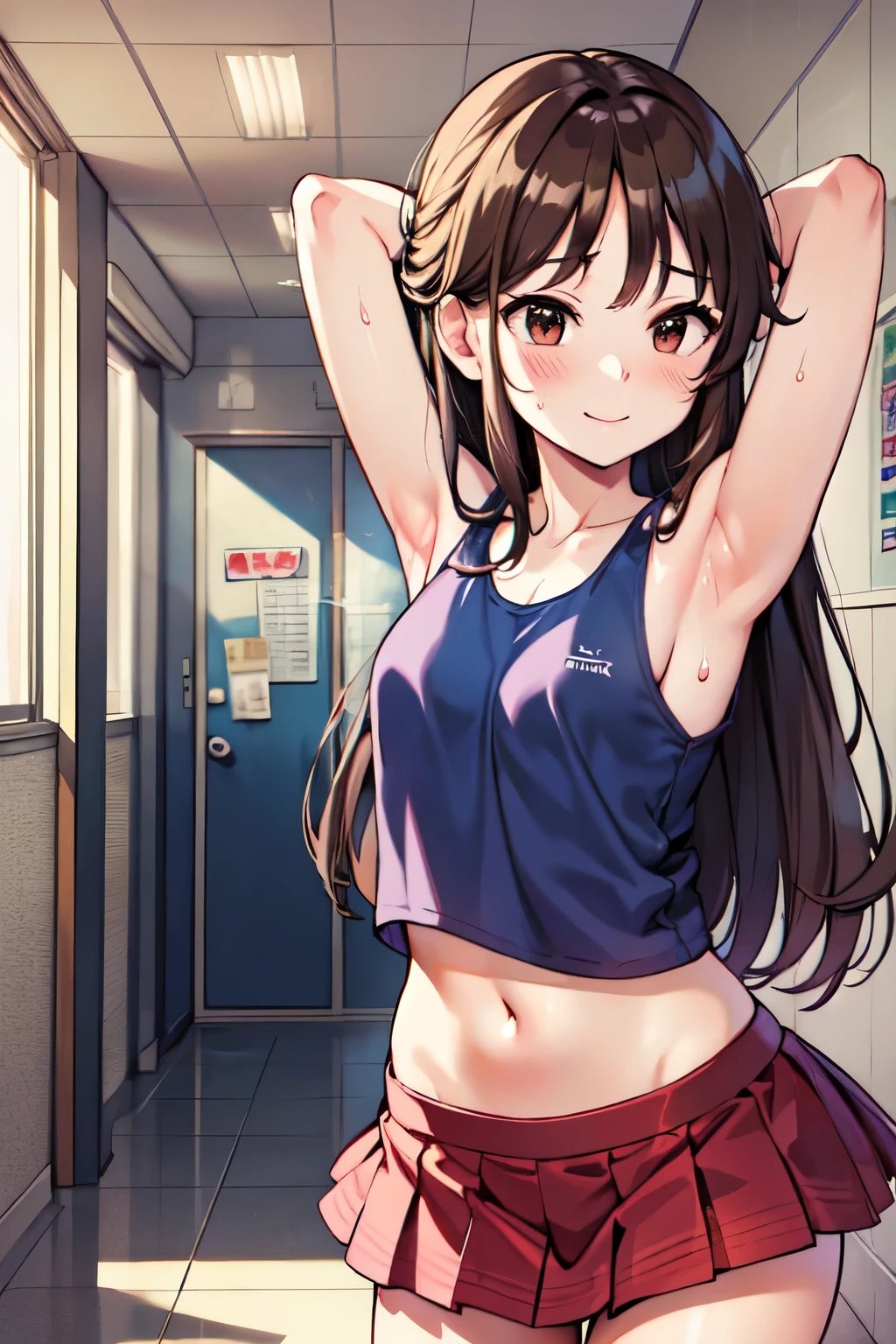 Primary school students、、Long Hair、Small breasts、Small breasts、Embarrassed、Red face、smile、Sweat on the cheekini skirt、Tank top))、Day School、Walking the hallway、Place your hands behind your head、Show your side、Realistic armpits