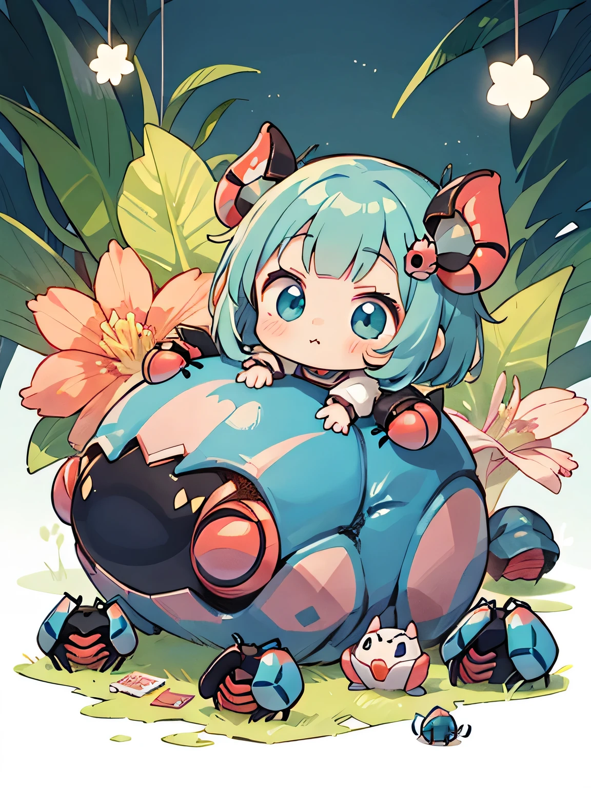 Momoko Sakura style, Kawaii Design, most beautiful girl ever、Chibi, Colorful bob hair、((Lots of lovely colorful pillbugs))、Earthworm