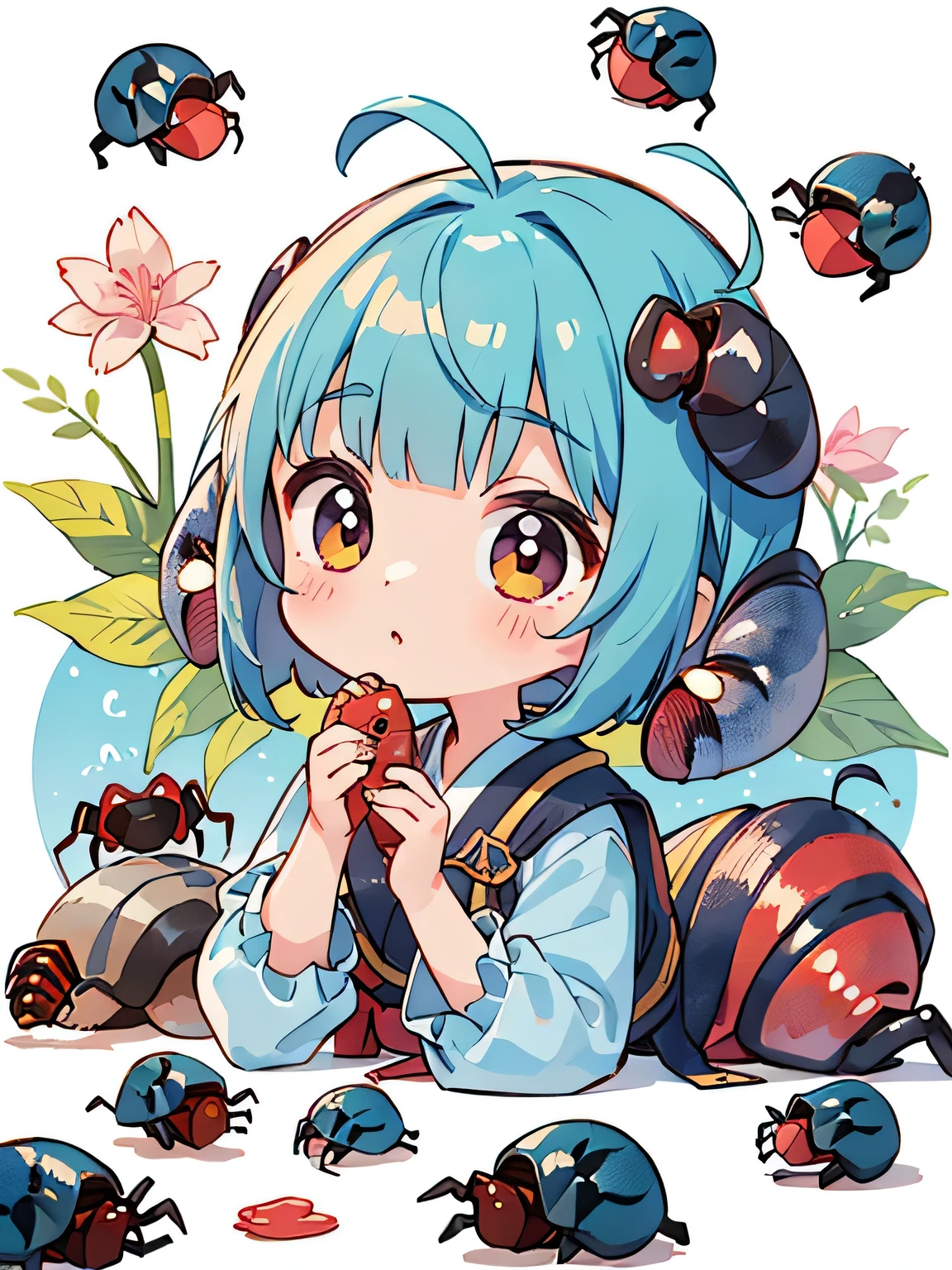 Momoko Sakura style, Kawaii Design, most beautiful girl ever、Chibi, Colorful bob hair、((Lots of lovely colorful pillbugs))、Earthworm