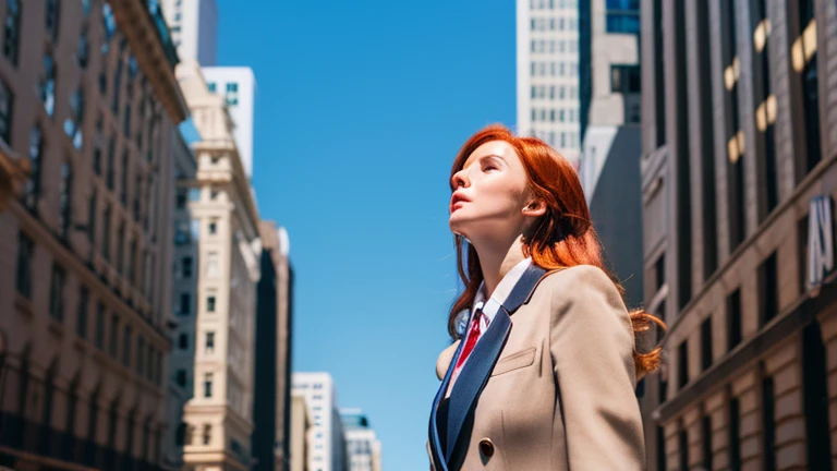 (8K), (best quality), (muste piece: 1.2)　Redhead Wall Street Lady、Look up to the sky、Wearing a business suit