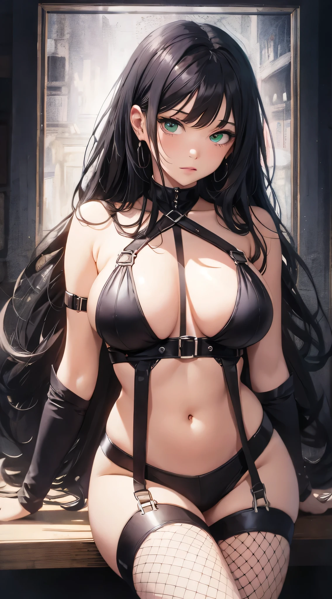 top quality、Top image quality、Masterpiece、girl with((perfect big breasts、beautiful green eyes、Breasts wide open,Black long hair with bangs, A slender one、white body harness))high quality、beautiful art、background with((big white room、white lighting)),on the table、Well-designed、visual art、depth of field、best lighting、most detailed、8k