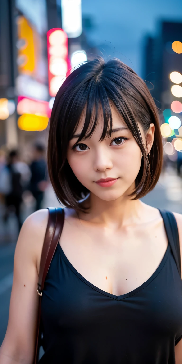1 Girl, Tokyo Street,night, Streetscape,City lights,Upper Body,close,smile,, (8K, Raw photo, highest quality, masterpiece:1.2),(Realistic, photo-Realistic:1.37),