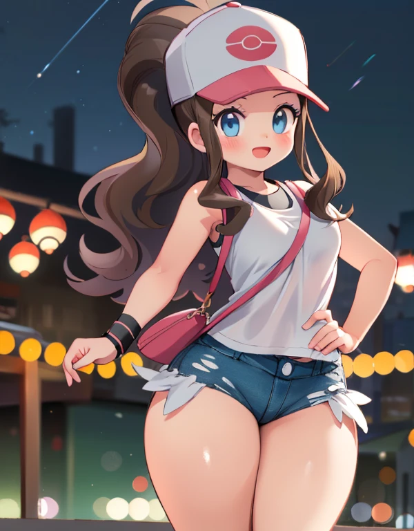 (highest quality, High resolution, masterpiece:1.2), Very detailed, Realistic:1.37, sketch, Hilda Pokemon, def1, I can see your thighs, Thick thighs, Thick thighs, Thighs in the foreground, Body Type, whole body, Adorable expression, smile, Open your mouth, Feminine charm, Browsing Caution, Dynamic pose, City of night, Hero View