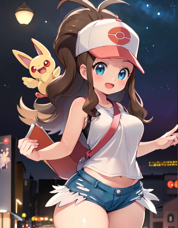 (highest quality, High resolution, masterpiece:1.2), Very detailed, Realistic:1.37, sketch, Hilda Pokemon, def1, I can see your thighs, Thick thighs, Thick thighs, Thighs in the foreground, Body Type, whole body, Adorable expression, smile, Open your mouth, Feminine charm, Browsing Caution, Dynamic pose, City of night, Hero View