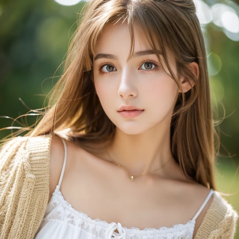 Soft portrait of a young girl, innocent expression, captivating eyes, delicate features, baby face, full and luscious lips, gentle smile, rosy cheeks, flowing hair, natural beauty, detailed realism, warm and soft color palette, natural lighting, tender and emotional vibe, portrait artist's signature style, high-resolution digital painting, Artstation showcase.