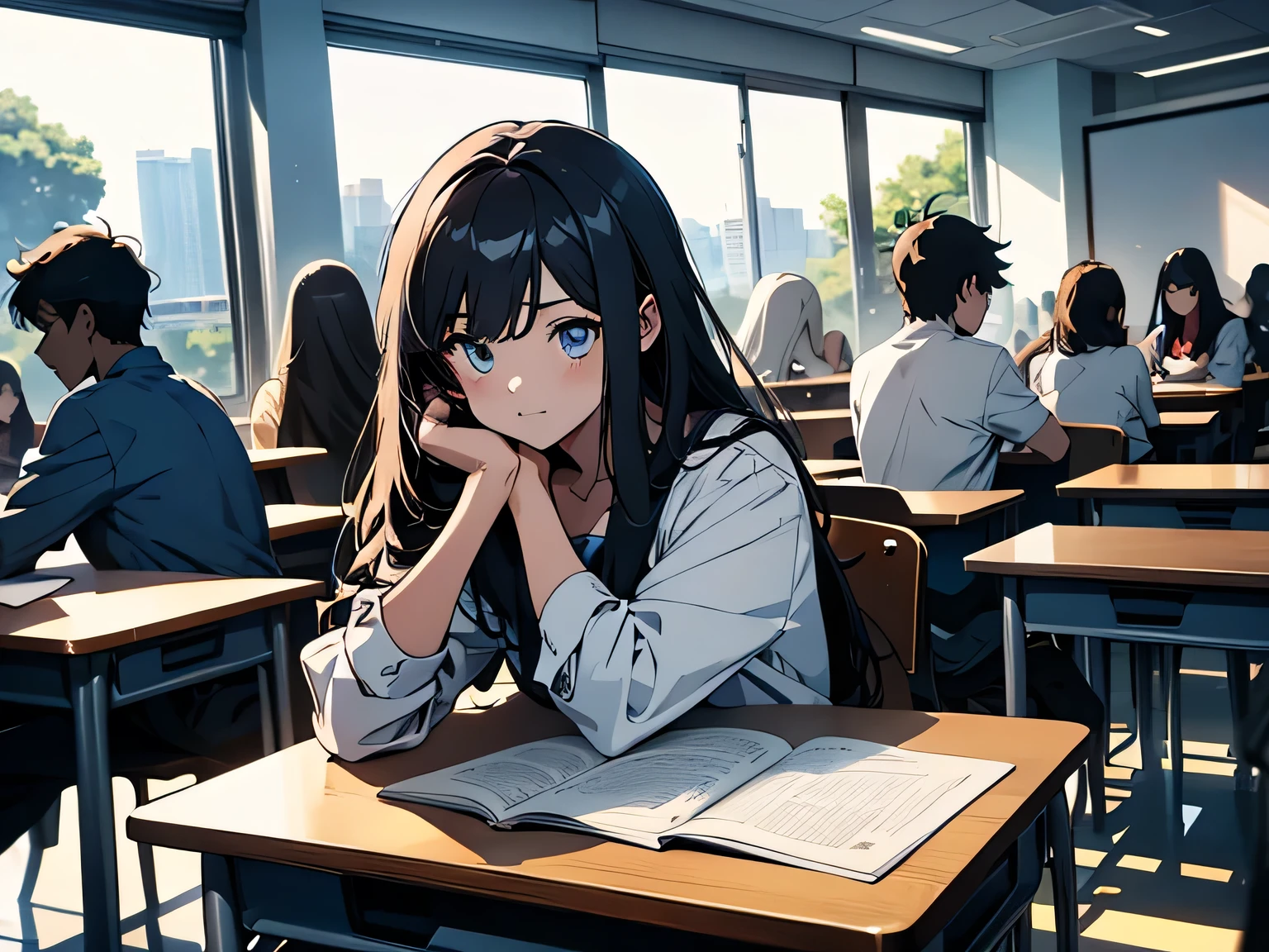 A group of students sitting and studying in the classroom，Group of 2，（A sea of people 1.5），（Shocked expression 1.5），Anime style4 K，animation rendering，Anime style。8k，Handsome anime side face，（Upper body display 1.8），（Movie Lighting 1.5），（Masterpiece：1.4），（Ultra High Detail 1.5），（Best quality1.5), There are students of different grades present, But there are exceptions，