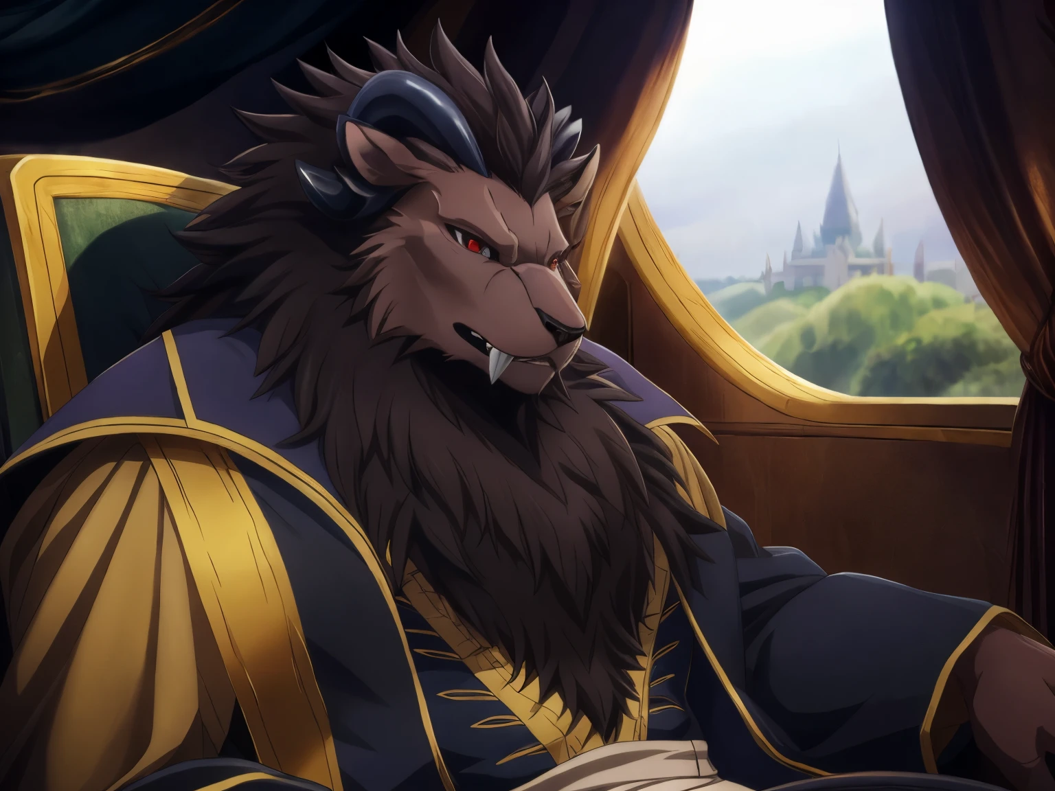 (best quality, 32K HDR:1.2, ultra-detailed, realistic, photorealistic, masterpiece,) official art, sacrificial princess and the king of beasts, Full body view, looking at the viewer, male, handsome, majestic beast, dark sienna brown fur, black mane, majestic king, king Leonhart, muscular body, crimson eyes, serious look , small ears, backwards curved black horns, long upper cannie teeth, wearing king robes, Niehime kemono ou, (detailed realistic image:1.3), (detailed eyes, beautiful expressive eyes:1), (hyper realistic fur:1.2), (detailed fur:1. ( detailed face:1) Low Light: 1.2) masterpiece, best quality, ultra realistic ( 8k, UHD, Gorgeous Light and Shadows, Detailed facial portrayal, highest quality, masterpiece, ultra high detailed, official art, utra detailed, deep shadows, dynamic shadows, HDR, deep of field, utra detailed fur, maximum focus, depth of field, perfect lighting, light particleest quality, ultra detailed body, cinematic, sharp focus, correct anatomy, right hands, correct hands, 5 fingers, correct head, detailed background), (beautiful carriage, Leonhart is sitting in the carriage, Leonhart is sitting at the window of the carriage, looking at the viewer, serious)