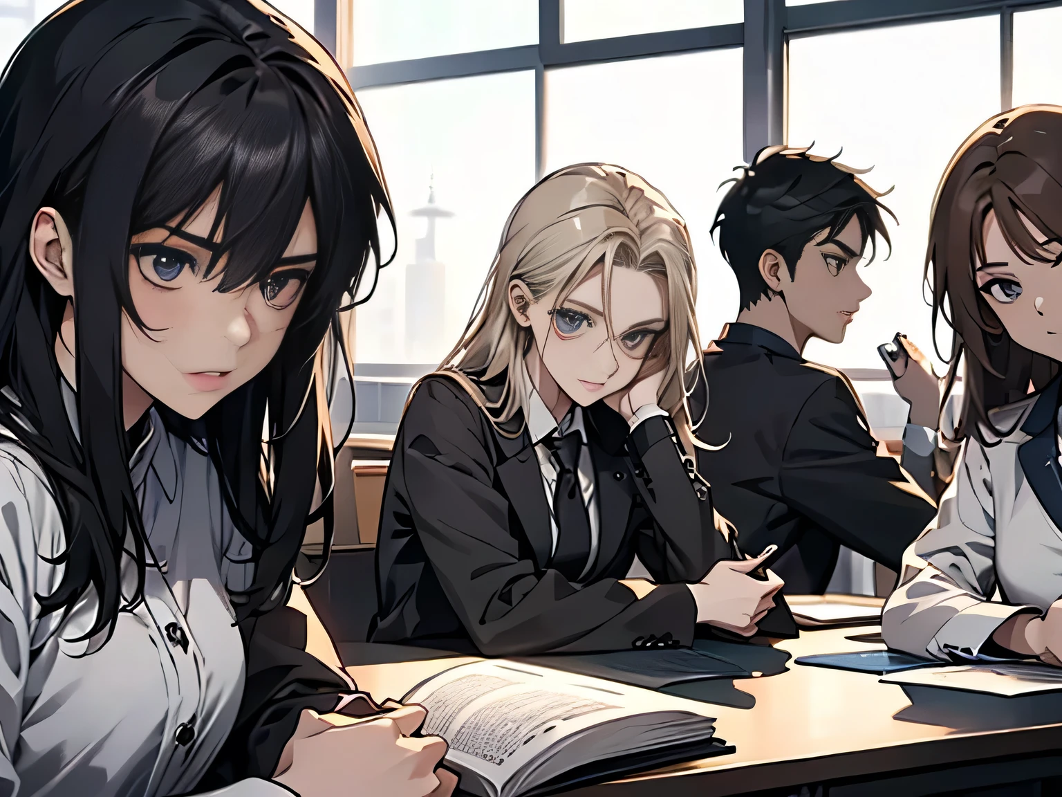 A group of students sitting and studying in the classroom，Group of 2，（Huge crowds of people:1.5），（Shocked expression:1.5），Anime style4 K，animation rendering，Anime style。8k，Handsome anime side face，（Upper body display:1.8），（Movie Lighting:1.5），（Masterpiece：1.4），（Ultra-high detail:1.5），（Best quality:1.5), There are students of different grades present, But there are exceptions，(male:1.5)