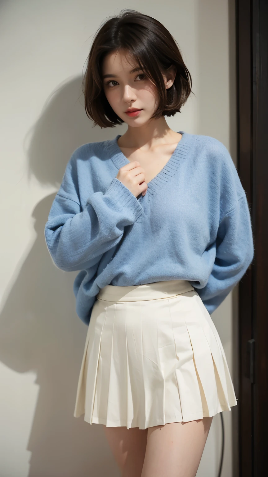 girl,Cool,full,smooth skin,short hair,Pleated Skirt ,
