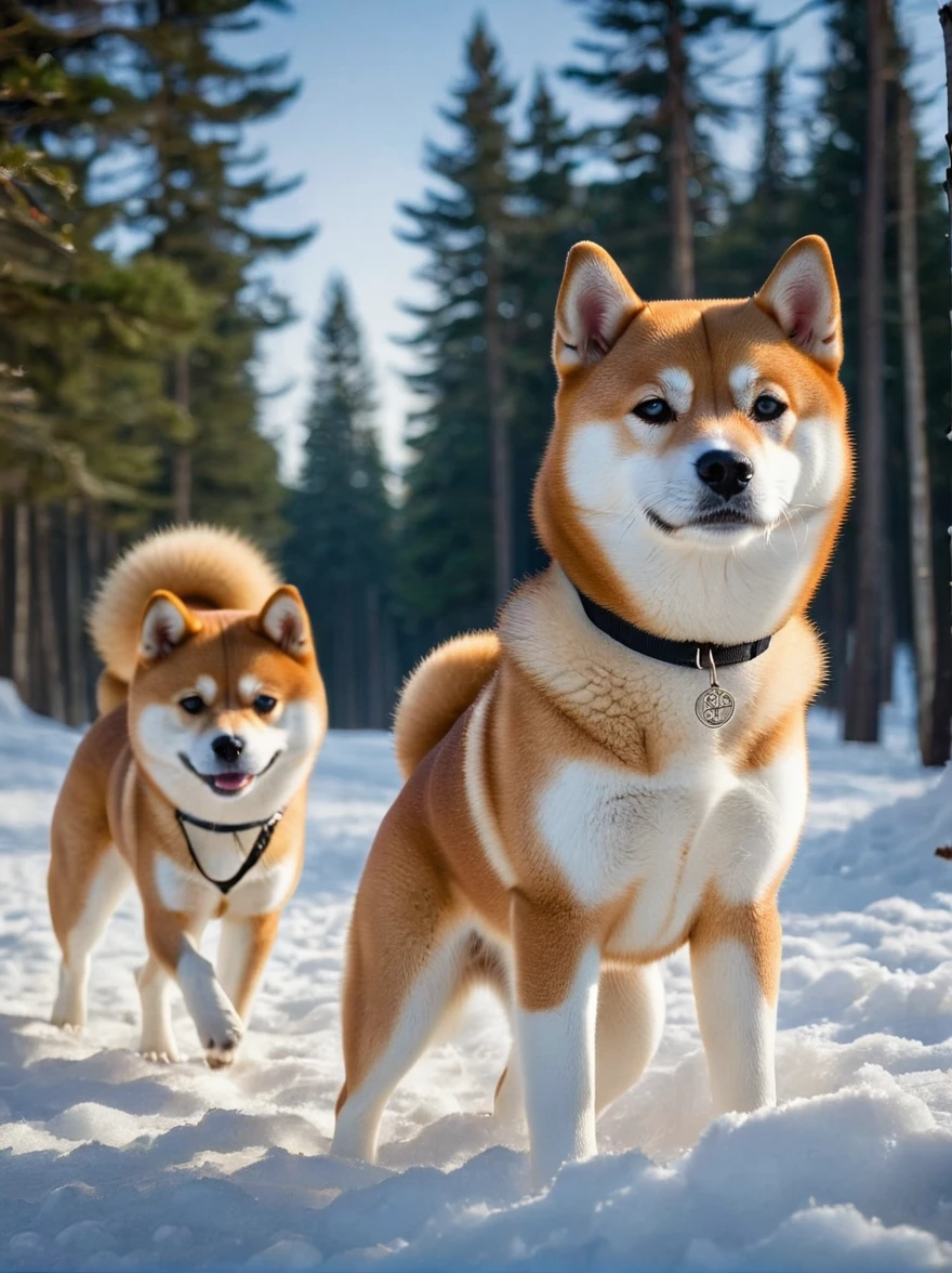 A scene of Shiba Inus in their natural habitat during the winter season. These Shiba Inus boast dense and splendid fur that varies from gray to white, frolicking in a snow-covered forest landscape. Their bright and astute eyes are filled with alertness and caution, reflecting the pale moonlight. The leading Shiba Inu is noticeably more robust and muscular than its companions, its resolute gaze scanning the surroundings. The other Shiba Inus follow in a loose formation, their movements in sync with each other, displaying a powerful sense of unity and survival skills in the harsh environment.