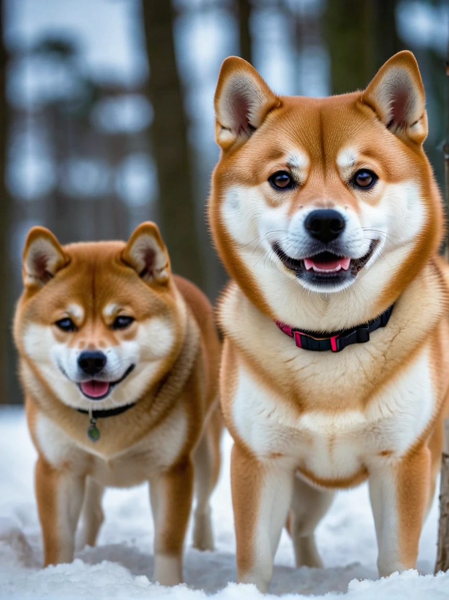 A scene of Shiba Inus in their natural habitat during the winter season. These Shiba Inus boast dense and splendid fur that varies from gray to white, frolicking in a snow-covered forest landscape. Their bright and astute eyes are filled with alertness and caution, reflecting the pale moonlight. The leading Shiba Inu is noticeably more robust and muscular than its companions, its resolute gaze scanning the surroundings. The other Shiba Inus follow in a loose formation, their movements in sync with each other, displaying a powerful sense of unity and survival skills in the harsh environment.