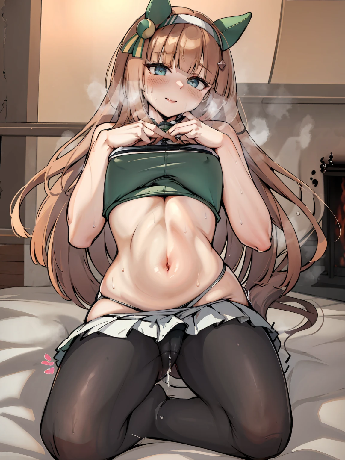 One Woman、Cute Woman、Thighs、Best image quality、High resolution、masterpiece、super high quality、Spread your legs、Pink Bra、black lace panties、Big Ass、Big 、Blushing、4K quality、Blushing、Proud face、wearing black pantyhose、bed、Spread your legs wide、Panty Shot、Very short pleated skirt、Sweaty all over、Heavy breathing、My breasts are bouncing up and down、heart、A mean look、Low - Angle
