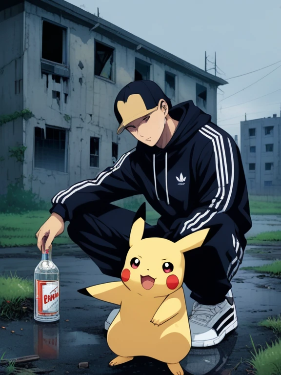 90s anime style, alone, Slab squats, Drunk (Muscular Pikachu) Wearing a black Adidas tracksuit, (Put a cigarette in Pikachu's hand), A bottle of Smirnoff vodka next to Pikachu, In the background is an abandoned, abandoned building, Gloomy atmosphere, Cinematic, Detailed body, Fine grain, 8k, highest quality, Full Sharp, Very detailed, Skin pores, Natural skin texture, Superior quality