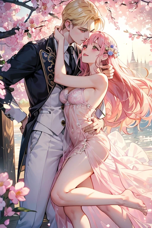 kiss、Couple、lover、Romance、OverFlowing、Full body paint、Exposed breasts、Sheer lace underwear、underwear to take off、Nipples、Nipplesが透ける、ピンクNipples、Pink areola、clitoris、Between strands、Coupleポーズ, Attractive pose, kissing together cutely, Passionate pose, 素敵なCouple, 1 male,(Blonde, Golden Eyes、expensive、190cm、manly、a handsome guy、Beautiful shape、vest style、Beautiful Prince,Strong Body、Sexy Costumes、expensive、wet gown、Open chest、Flowing)、1 female(Pink Hair,Straight Long Hair、Pink Eyes、Cute big eyes,優しいLaughter、Decorate your hair with flowers、、huge tit、vest style、Perfect Style、rise)、Put your arms around her waist、hug、Grab the waist、araffe woman in a white lingerie posing for a picture, lingeries beauty, wearing sexy lingerie, , Translucent dress, Translucent body, iridescent shiny sheer lingerie, Sexy Dress, wavy lingeries, Smooth, transparent white skin, lingerie, Beautiful and sexy woman photos, Sexy Style, Lovely lady, Transparent dress, V-neck open clothes, Young and elegant、erupt、Splash、spring, In the park on a sunny day, Bright sunny day、Bright sunny summer day,blue sky、Shine、about、Shine湖、Shimizu、Bright sunShine、Colorful flowers、Surrounded by flowers、intensive contact、Laughter、smile、Kind eyes