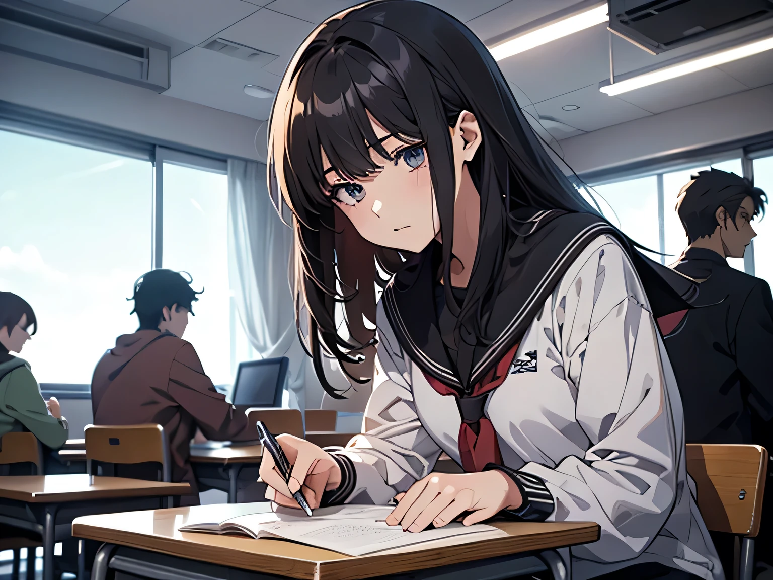 A group of students sitting and studying in the classroom，Group of 2，（A sea of people 1.5），（Shocked expression 1.5），Anime style4 K，animation rendering，Anime style。8k，Handsome anime side face，（Upper body display 1.8），（Movie Lighting 1.5），（Masterpiece：1.4），（Ultra High Detail 1.5），（Best quality1.5), There are students of different grades present, But there are exceptions，