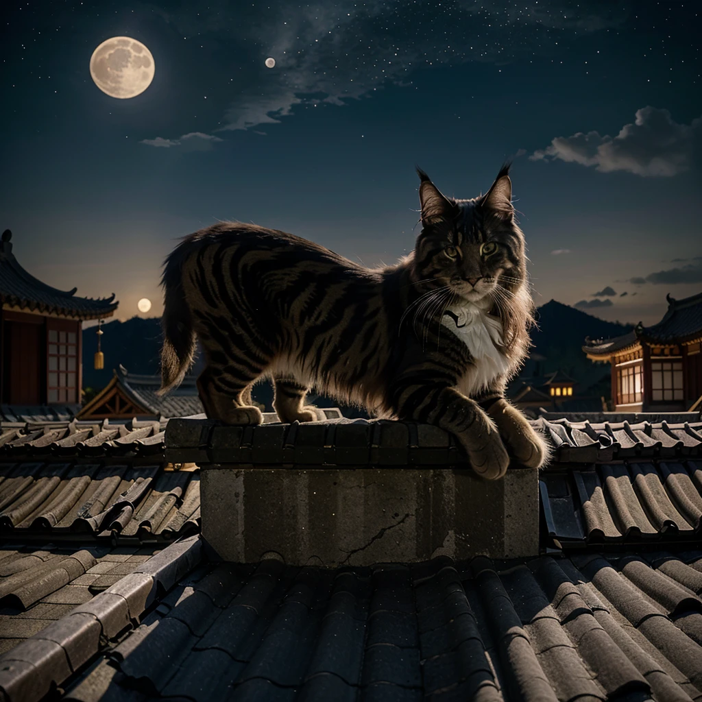 A Maine Coon cat，On the roof of an ancient Chinese building，Bustling night starry sky，background，A full moon with a very large moon，Beautifully，Highest quality，Anime scene