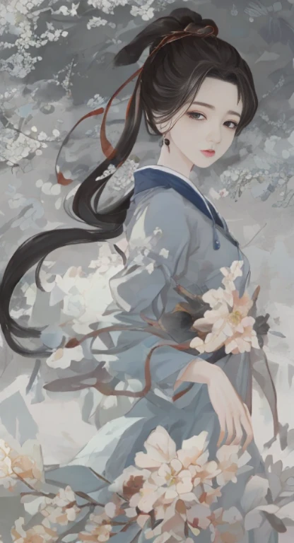 Ancient Chinese beauty holding flowers, Dressed in Chinese clothing, flowing tulle, Light Silk, Lazy posture, Flowers on the other side, Ink painting style, Clean colors, Decisive cuts, White space, Mode, masterpiece, Ultra Detailed, Epic creation, high quality, best quality, 4k --v 6，With a cruel smile in his eyes