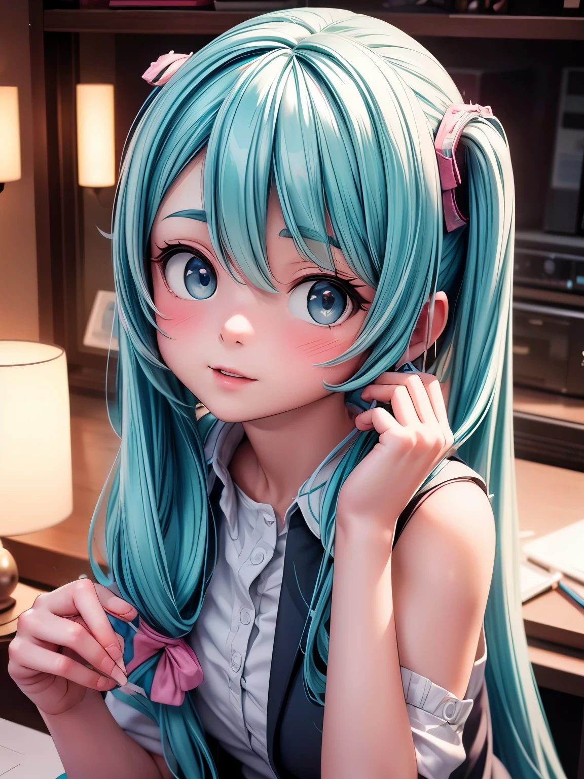 (masterpiece、highest quality、highest quality、Official Art、Beautiful and beautiful:1.2)、(One girl:1.3)Hatsune Miku、Twin tails,Big Breasts,Hello, Highly detailed RAW color photos, Toned physique, (elegant, Beautiful Face), (Detailed skin), (Oil:0.6), (tesla cOil:0.4), Soft lighting, (Side lighting:0.8), Cast a Shadow, Deep Focus, Photographed with Leica 10772 MP, 85mm Macro Lens, debt/8 apertures, Movie stills, (office lady, sexy), Long Hair, Fashionable Princess, (Highly detailed face) (Very detailed and expressive eyes)