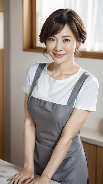 (highest quality,8k,masterpiece),
日本人Mature Woman,40 years,Mature Woman,Pure white skin, Tabletop、Top view from chest、
(Plump Breasts 1.3)、 ((T-shirt))、((Grey apron))、Long skirt、Random hairstyle、
,A gentle smile、A gaze that seduces viewers、Living room at home、