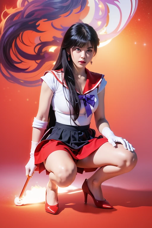 1 girl,Long hair, 丰满的Cleavage,Cleavage,(high quality,8k,Black Hair, Practical, 最high quality,masterpiece,Ultra Detailed, Disorganized)1.5,((Summer 1, Headdress, sailor suit warrior, White gloves, Red sailor collar, Red Skirt)),of the night city,White gloves,Purple Ribbon,Purple Eye, (Magical World,fire),High heel, (Full body image, Do squats:1.5)