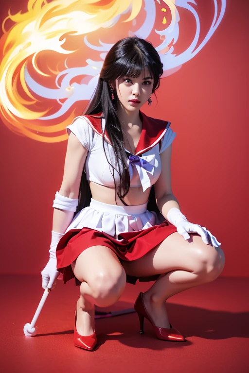 1 girl,Long hair, 丰满的Cleavage，Cleavage，(high quality,8k,Black Hair, Practical, 最high quality,masterpiece,Ultra Detailed, Disorganized)1.5,((Summer 1, Headdress, sailor suit warrior, White gloves, Red sailor collar, Red Skirt)),of the night city,White gloves,Purple Ribbon,Purple Eye, (Magical World,fire),High heel, (Full body image, Do squats:1.5)
