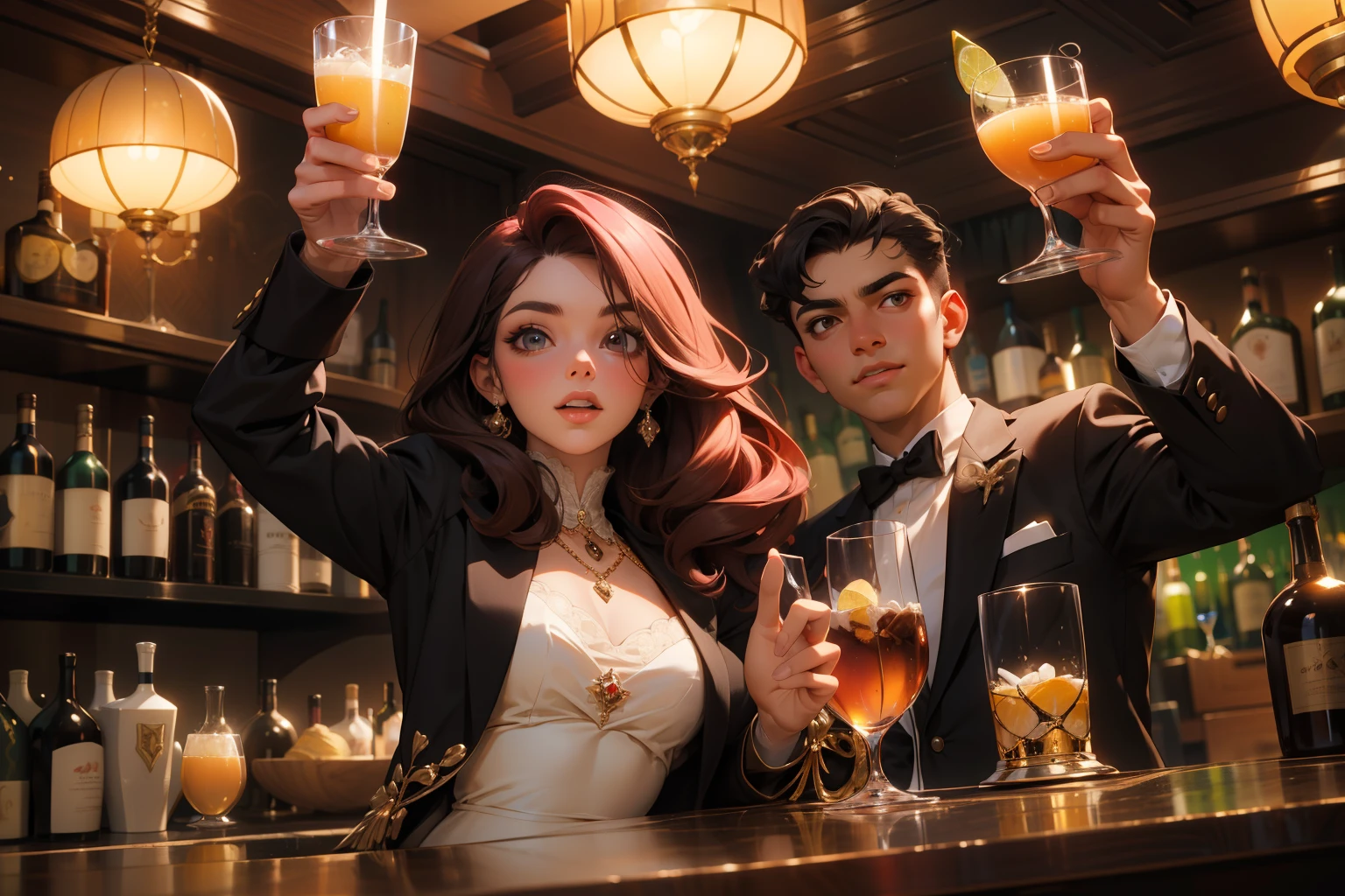 michelle dockery, jason butler harner jessica brown-findlay, harry lloyd are in the bar drinking and smiling
