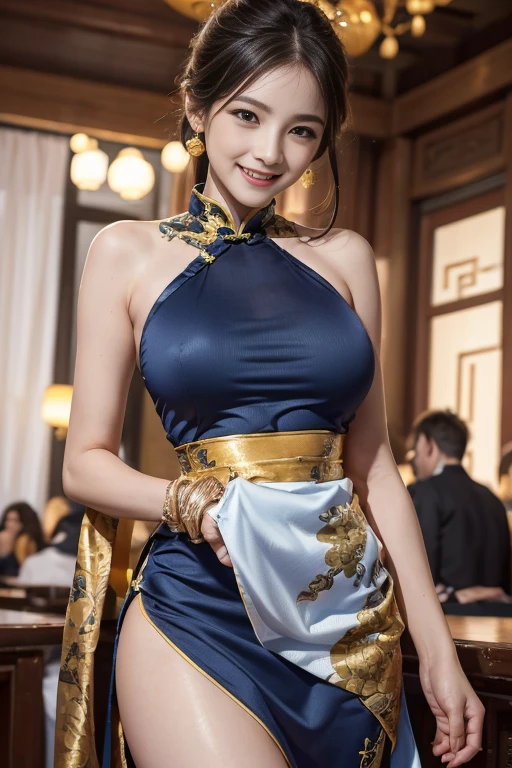 1 female,(((China dress))),((Pull up your skirt)),A smile full of happiness、((looks happy:1.3))、、Breathless face、Missing、sweating、Excited facial expression、short hair、Realistic,High resolution,Soft Light,Large Breasts, blue eyes, Expensive Gemstones, A small indigo and gold traditional costume in an elegant and sexy fabric,