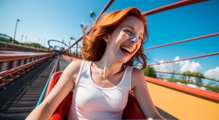 (8K), (best quality), (muste piece: 1.2)　Pretty redhead woman laughing on a roller coaster