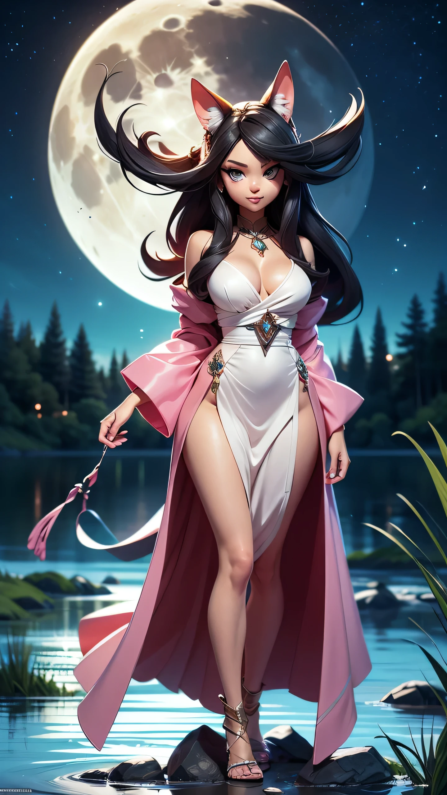 Beautiful werwolf female wirh long furry pointy ears beautiful blue eyes and dark black hair dressed in ligh open pink and white robe with transpaten vail parts standing near the nightly forest lake and talking with wind spirits , moon reflection in the lake, High quality anime art , ultra high quality fantasy art, masterpiece, full body figure character, ultra highquality character design, 8k quality anime art, top quality wallpaper illustration, detailed high quality face, highquality design and acurate physcs
