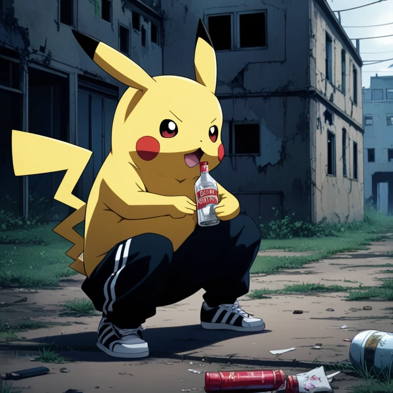 90s anime style, alone, Slab squats, Drunk (Muscular Pikachu) Wearing a black Adidas tracksuit, (Put a cigarette in Pikachu&#39;s hand), A bottle of Smirnoff vodka next to Pikachu, In the background is an abandoned, abandoned building, Gloomy atmosphere, Cinematic, Detailed body, Fine grain, 8k, highest quality, Full Sharp, Very detailed, Skin pores, Natural skin texture, Superior quality