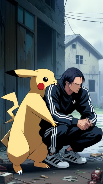 90s anime style, alone, Slab squats, Drunk (Muscular Pikachu) Wearing a black Adidas tracksuit, (Put a cigarette in Pikachu's hand), A bottle of Smirnoff vodka next to Pikachu, In the background is an abandoned, abandoned building, Gloomy atmosphere, Cinematic, Detailed body, Fine grain, 8k, highest quality, Full Sharp, Very detailed, Skin pores, Natural skin texture, Superior quality