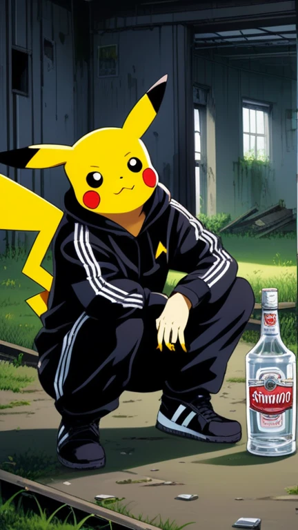 90s anime style, alone, Slab squats, Drunk (Muscular Pikachu) Wearing a black Adidas tracksuit, (Put a cigarette in Pikachu's hand), A bottle of Smirnoff vodka next to Pikachu, In the background is an abandoned, abandoned building, Gloomy atmosphere, Cinematic, Detailed body, Fine grain, 8k, highest quality, Full Sharp, Very detailed, Skin pores, Natural skin texture, Superior quality