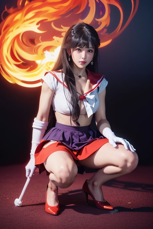 1 girl,Long hair, 丰满的Cleavage,Cleavage,(high quality,8k,Black Hair, Practical, 最high quality,masterpiece,Ultra Detailed, Disorganized)1.5,((Summer 1, Headdress, sailor suit warrior, White gloves, Red sailor collar, Red Skirt)),of the night city,White gloves,Purple Ribbon,Purple Eye, (Magical World,fire),High heel, (Full body image, Do squats:1.5)