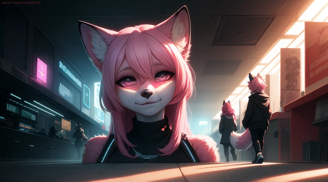 Cyberpunk fox, Beautiful light and shadow on a beautiful face with light pink hair、Ambientebeleuchtung am Strand、Ultra-fine fur、Das volumetrische Licht ist sehr detailliert,Furry art of the highest quality, nackt