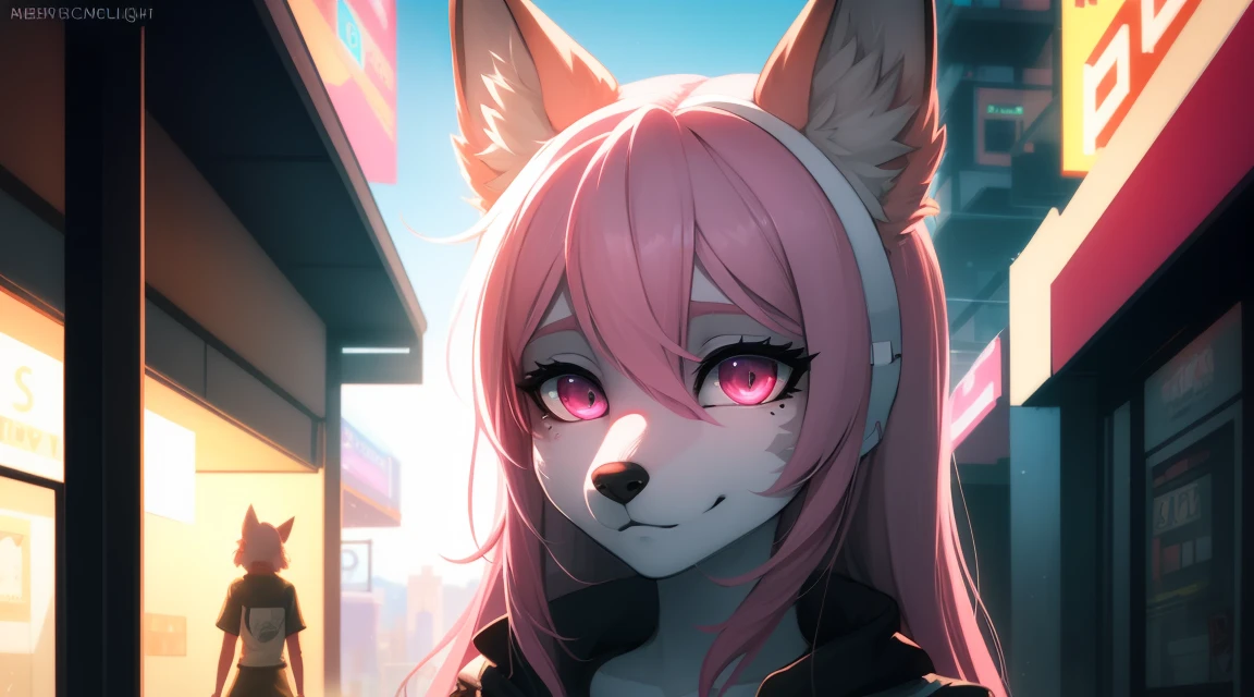 Cyberpunk fox, Beautiful light and shadow on a beautiful face with light pink hair、Ambientebeleuchtung am Strand、Ultra-fine fur、Das volumetrische Licht ist sehr detailliert，Furry art of the highest quality, nackt