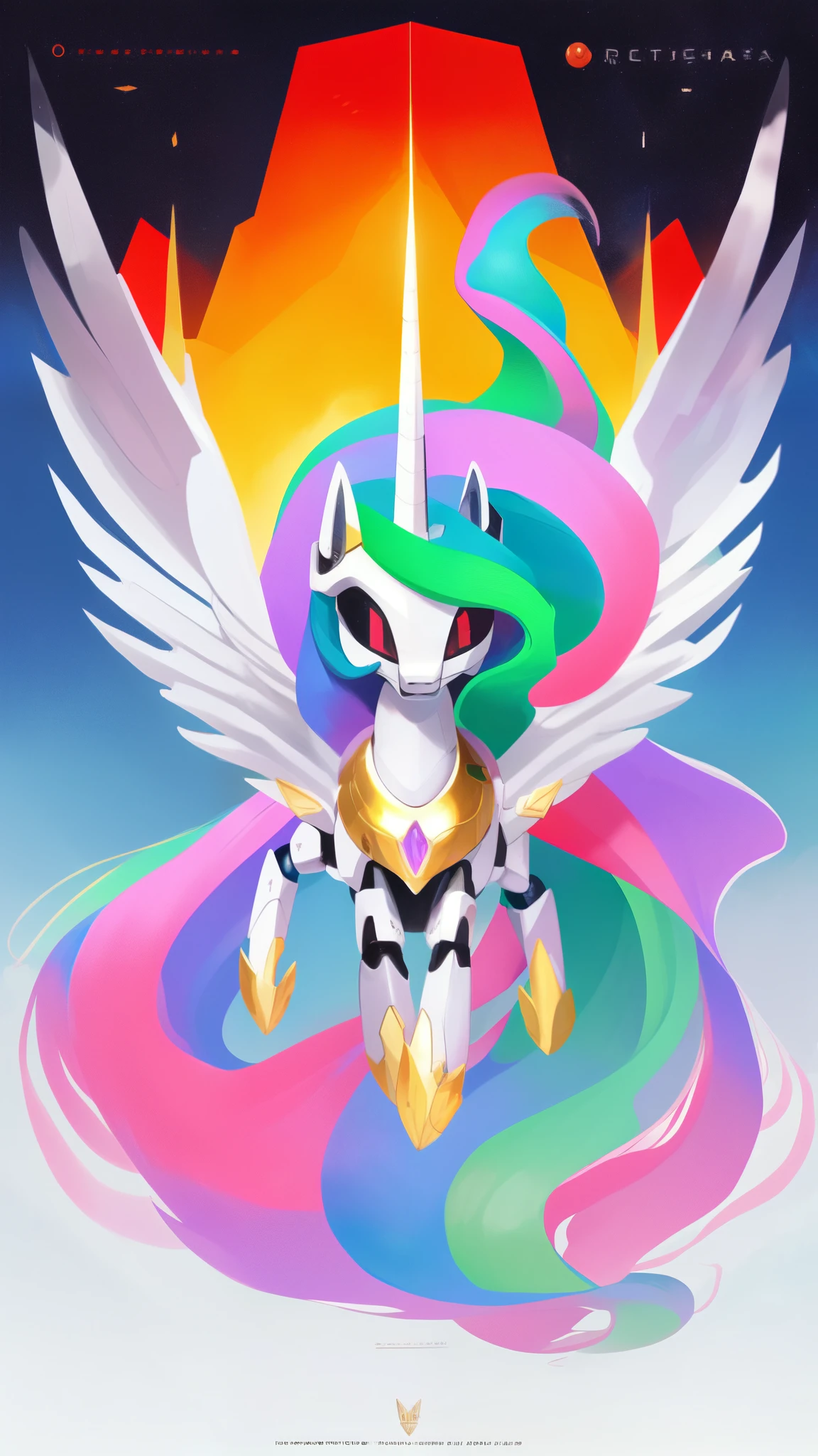 1girl, solo, rating_safe, score_9, shiny metal body, extreme detail, feral pony, princess celestia, robot eye, red pupils, black sclera, wings outstretched, facing cemra, full body, cinematic movie poster, flying towards camera head-on, kingdom background, robot wings