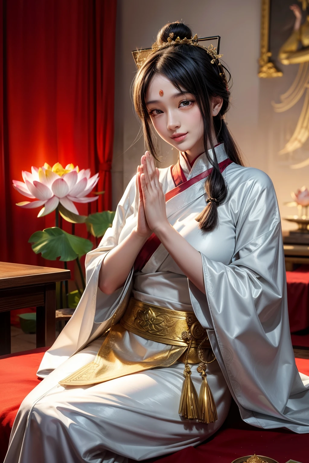 （Chinese hermit）, （((Buddhism,Beautiful female Buddha statue))）, put on_Useful Stories）, （((Kannon Bodhisattva))）, ((((She is sitting on a lotus)))), (((A benevolent smile)))（Three hands to the left，Three hands on the right, Each hand holds a different altar object., Symmetrical），（Delicate and beautiful face）, （white silk cloak）Sitting on a lotus flower, Front view，A light smile, neoclassicism, op art, Chiaroscuro, Cinema Lighting, Divine Light, Ray Tracing, Character Sheet, Projected Inset, First Person View, Hyper HD, Master Parts, Accurate, Rough skin, Super detailed, Advanced Details, high quality, Awards, 最high quality, High resolution, 8k