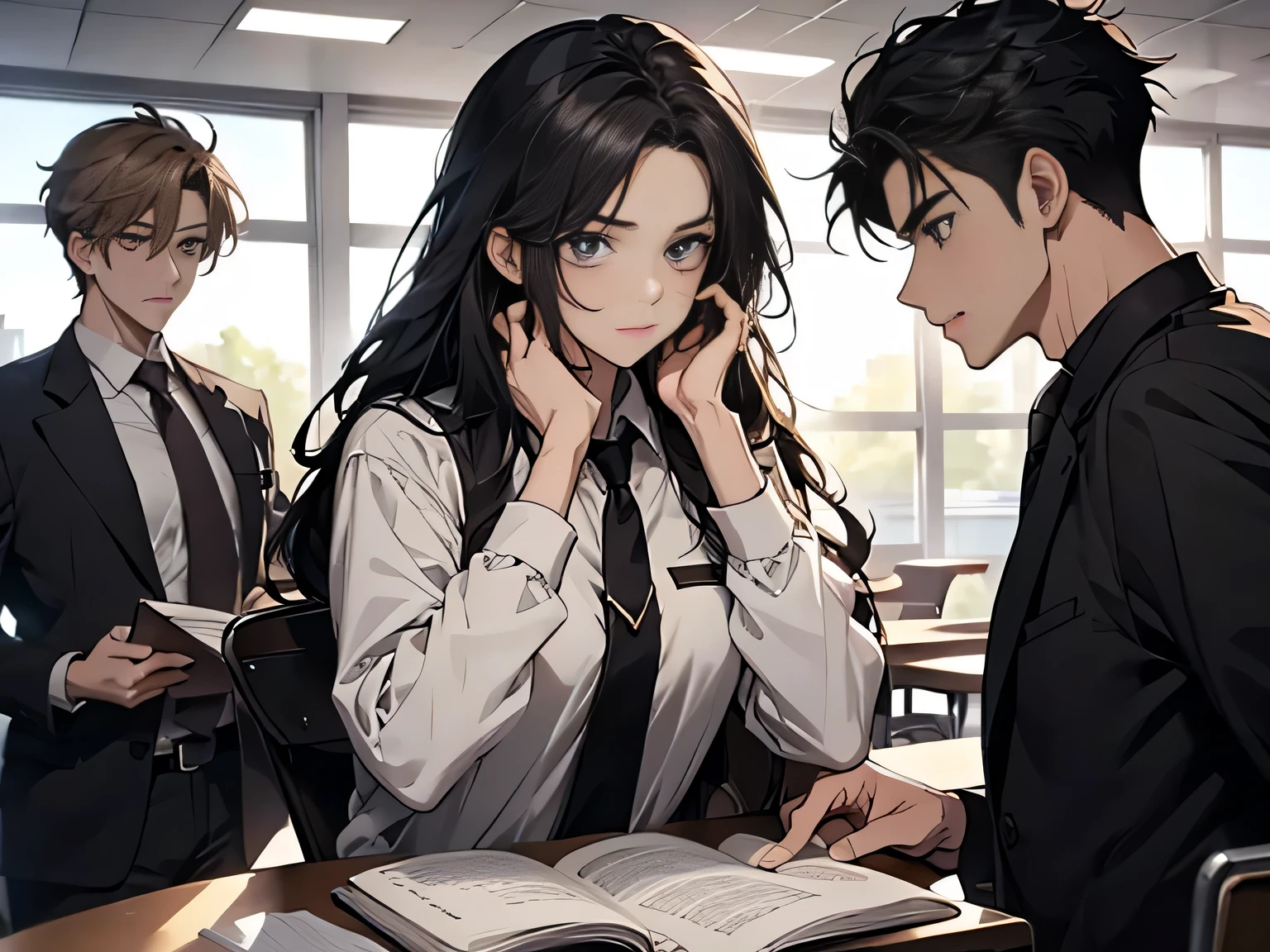 A group of students sitting and studying in the classroom，Group of 2，（Huge crowds of people:1.5），（Shocked expression:1.5），Anime style4 K，animation rendering，Anime style。8k，Handsome anime side face，（Upper body display:1.8），（Movie Lighting:1.5），（Masterpiece：1.4），（Ultra-high detail:1.5），（Best quality:1.5), There are students of different grades present, But there are exceptions，(male:1.5)