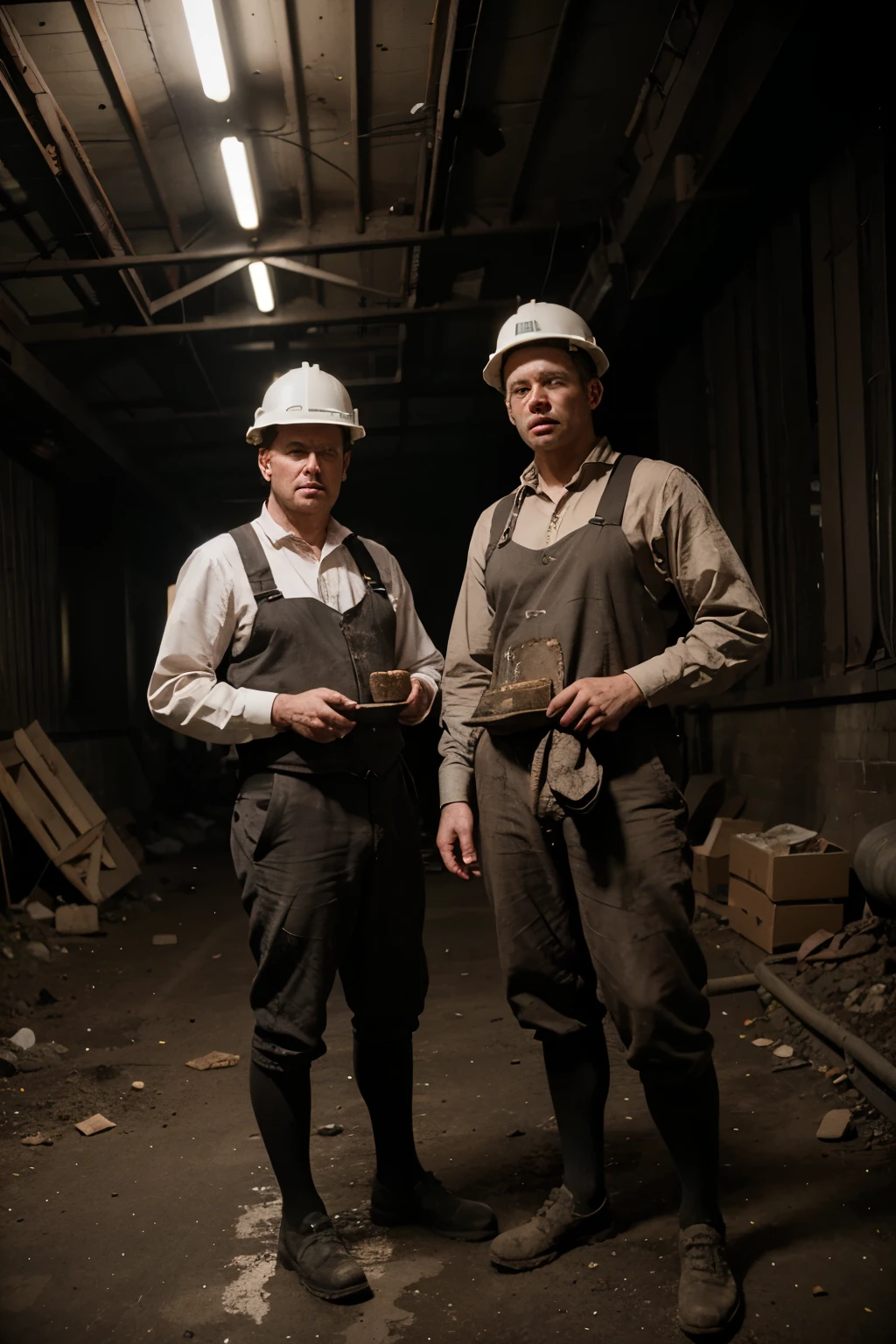 two men working inside coal mines in Victorian times