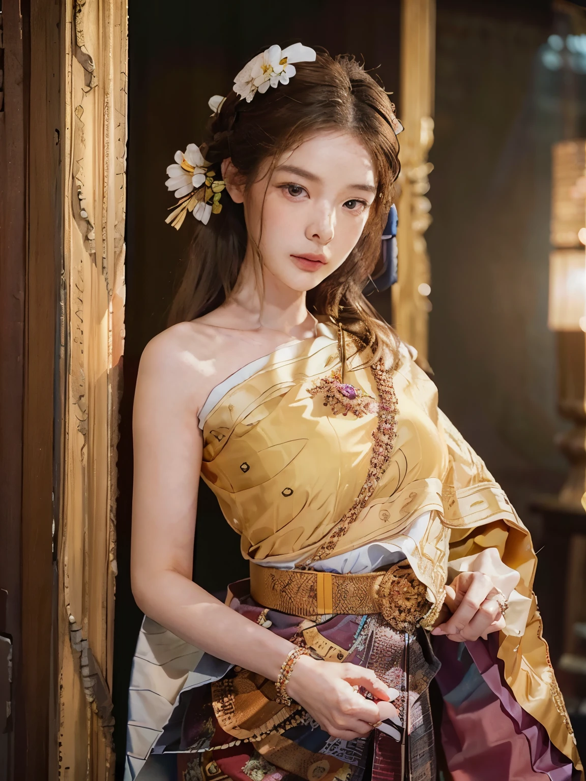 Close-up of woman with flowers in her hair, beautiful south korean women,หญิงKorean girlที่งดงาม, Korean girl, ใบหน้าKorean girlที่น่ารัก, Thai dress, Thai temple, stand holding hands, ((Hair pins)), Stand alone.