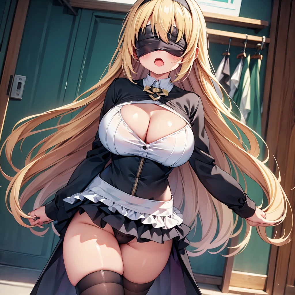 highest quality,wonderful,finely,extremely detailed CG Unity 8K wallpaper, (girl, very long hair, blonde, clothed), (nun :1.2), (), (cleavage cutout), (open mouth:1.1), (long tongue:1.1), (mouth drool:1.1), (black stockings:1.1),(Thighs:1.2),(Waistline:1.2),(black blindfold, blindfold:1.5)