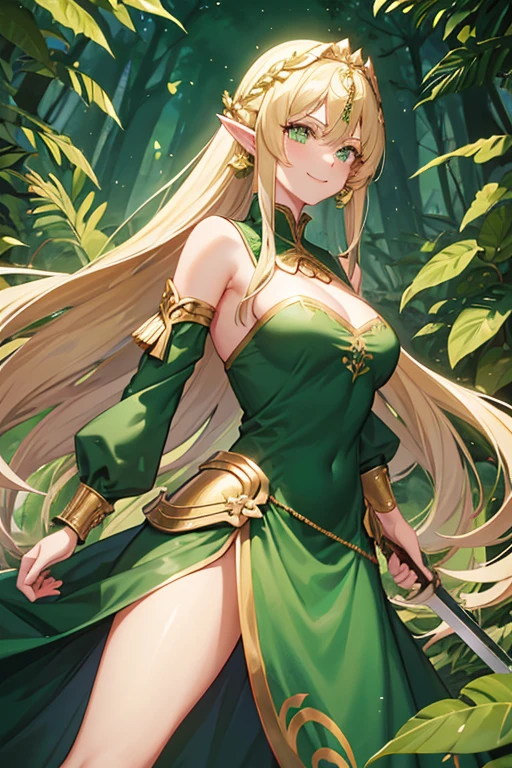 Girl, blond and straight and long hair in a ponytail, huge , green eyes, standing ready to fight in a forrest, big smile, thight green armored dress with gold decorations, completely visible, oly nipels covered, half naked, age of 25, sword in hand, golden laurel wreath, elven ears