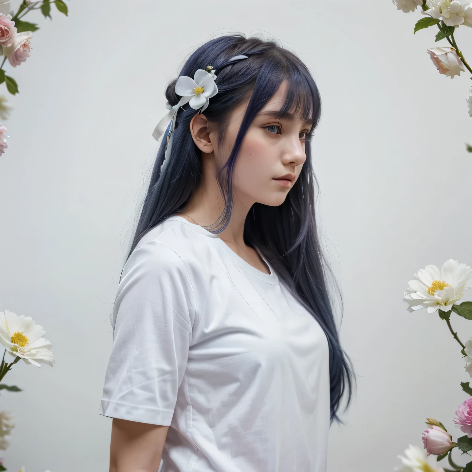 best quality, masterpiece, extremely detailed, detailed background, 1girl, solo, long hair, flower, blue hair, white background, pink flower, simple background, profile, upper body, shirt, white shirt, white flower, bow, bangs, purple eyes, leaf, blush