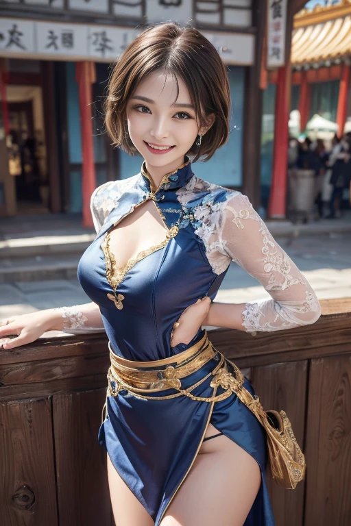 1 female,(((China dress))),((Pull up your skirt)),Show your underwear,((lace pantie)),,A smile full of happiness、((looks happy:1.3))、Breathless face、Missing、sweating、Excited facial expression、short hair、Realistic,High resolution,Soft Light,Large Breasts, blue eyes, Expensive Gemstones, A small indigo and gold traditional costume in an elegant and sexy fabric,