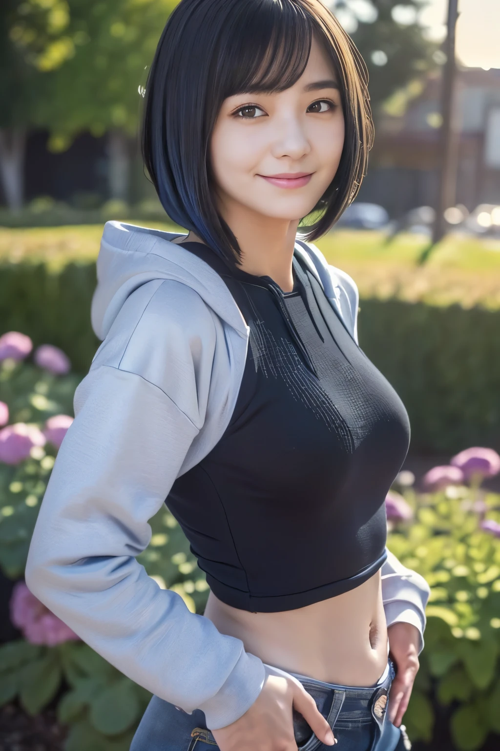 Long sleeve hoodie, Long jeans, belt ((abdomen, belly button)), View your viewers, garden, Mountain々, smile, ((Cinema Lighting, masterpiece, Anatomically correct, Fine-textured skin, Attention to detail, High resolution, High resolution, 4K, 8k)), (Kujou Sara:1.3), (Mask on head, Blue Hair, short hair, Yellow Eyes)