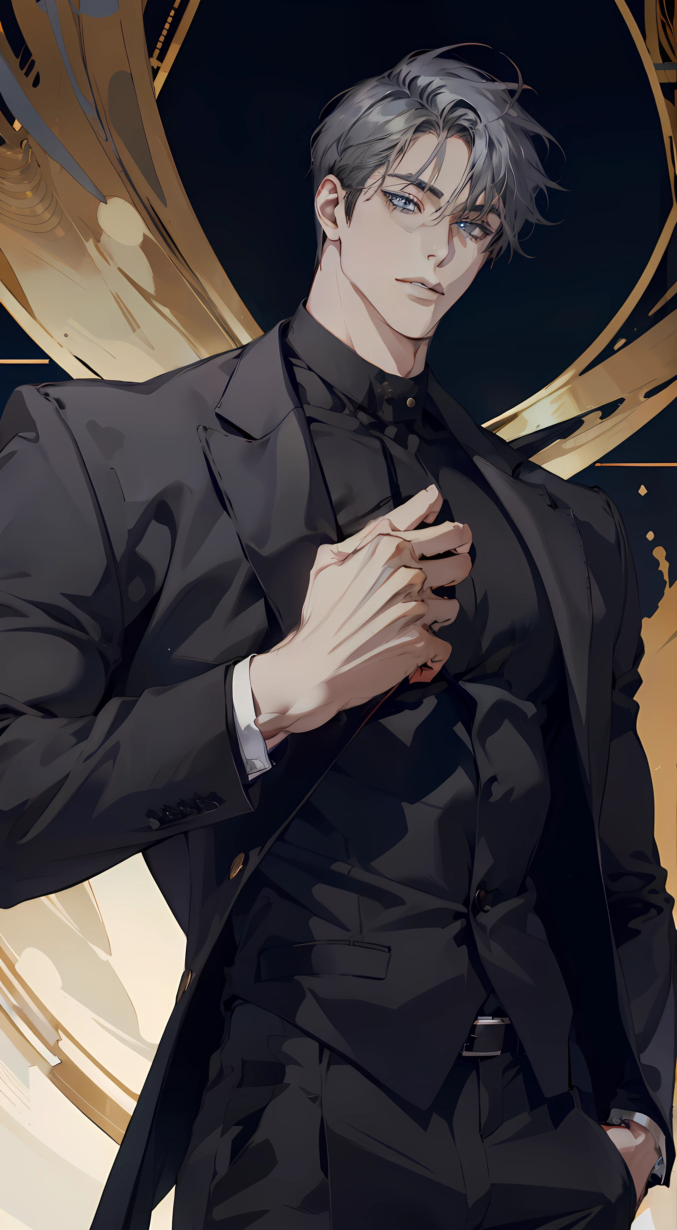 1 persons, AS-Adult, goodlooking, Hairless face, Golden wire eyean in a suit,large tall,Muscular dudes, a broad shouldered, finely detailed eyes and detailed face, brunette color hair, With gray eyes,